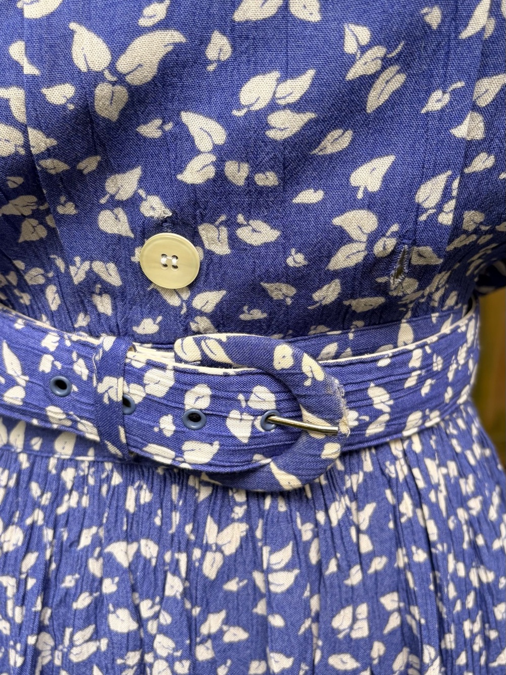 Vintage Eileen West Blue Floral Prairie Dress Belted Pleated Midi USA - Picture 4 of 12
